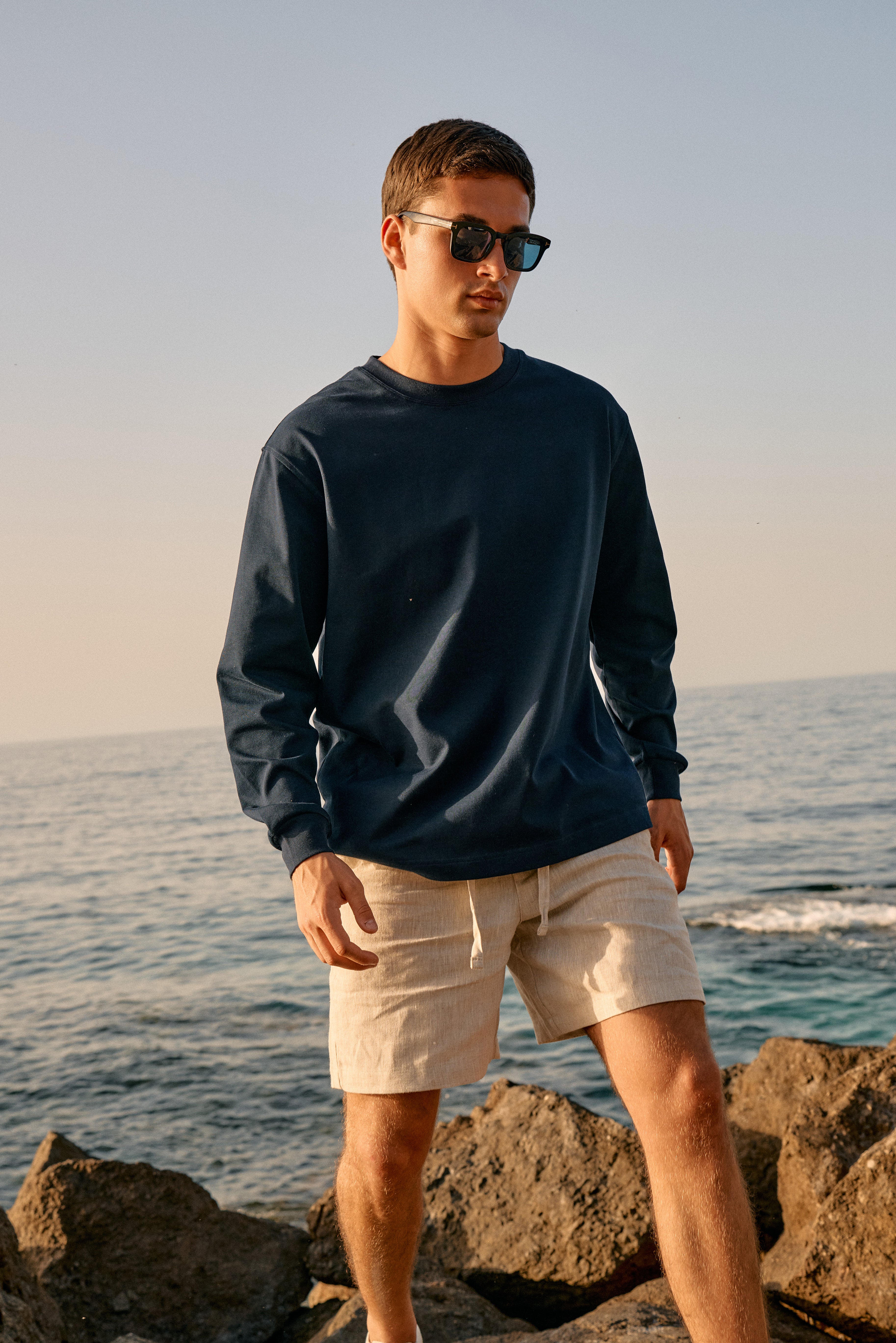 Schweres Langarm-T-Shirt – Dunkelblau