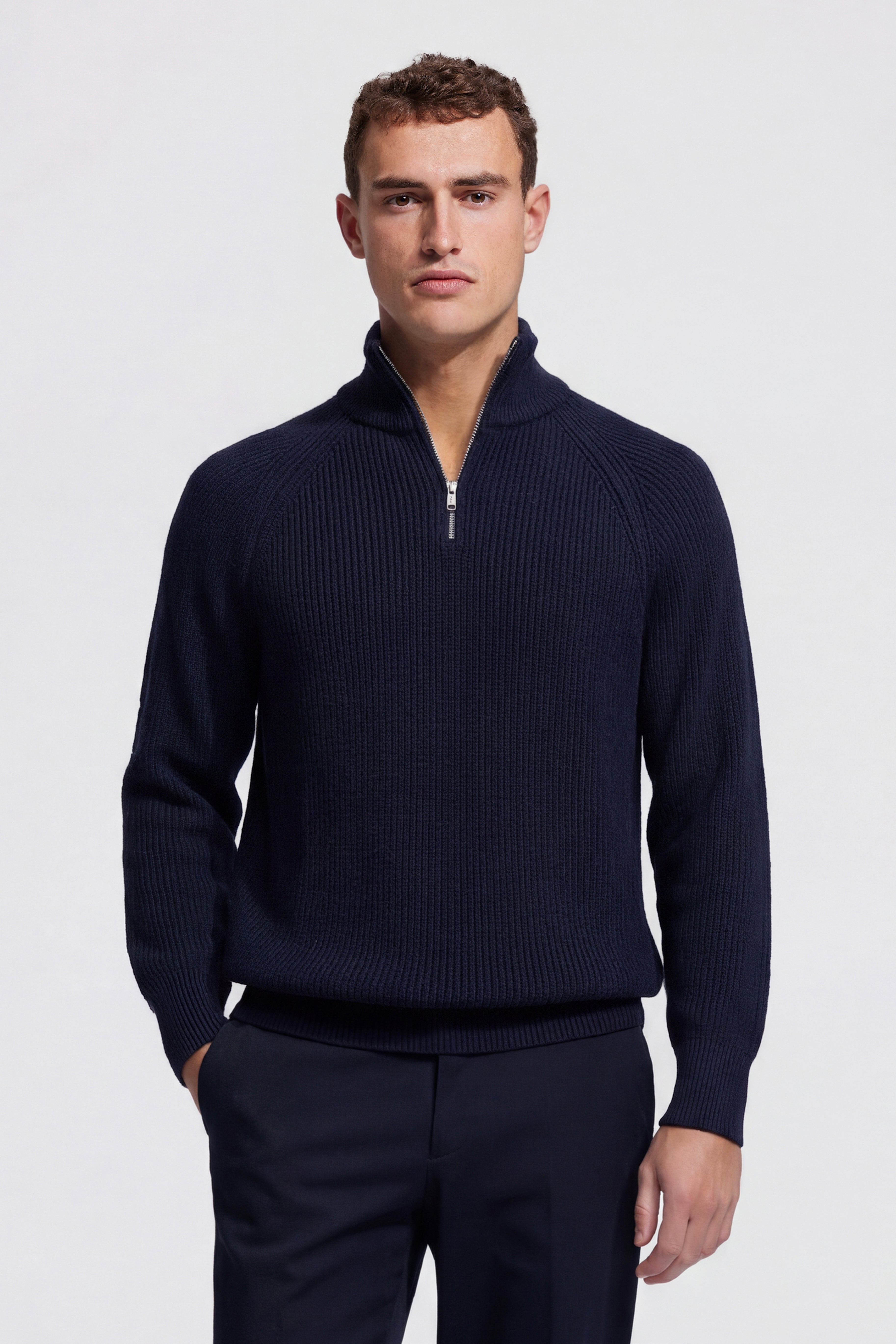 Dark Blue Rib Quarter Zip Sweater for Men | NØLSON - NØLSON