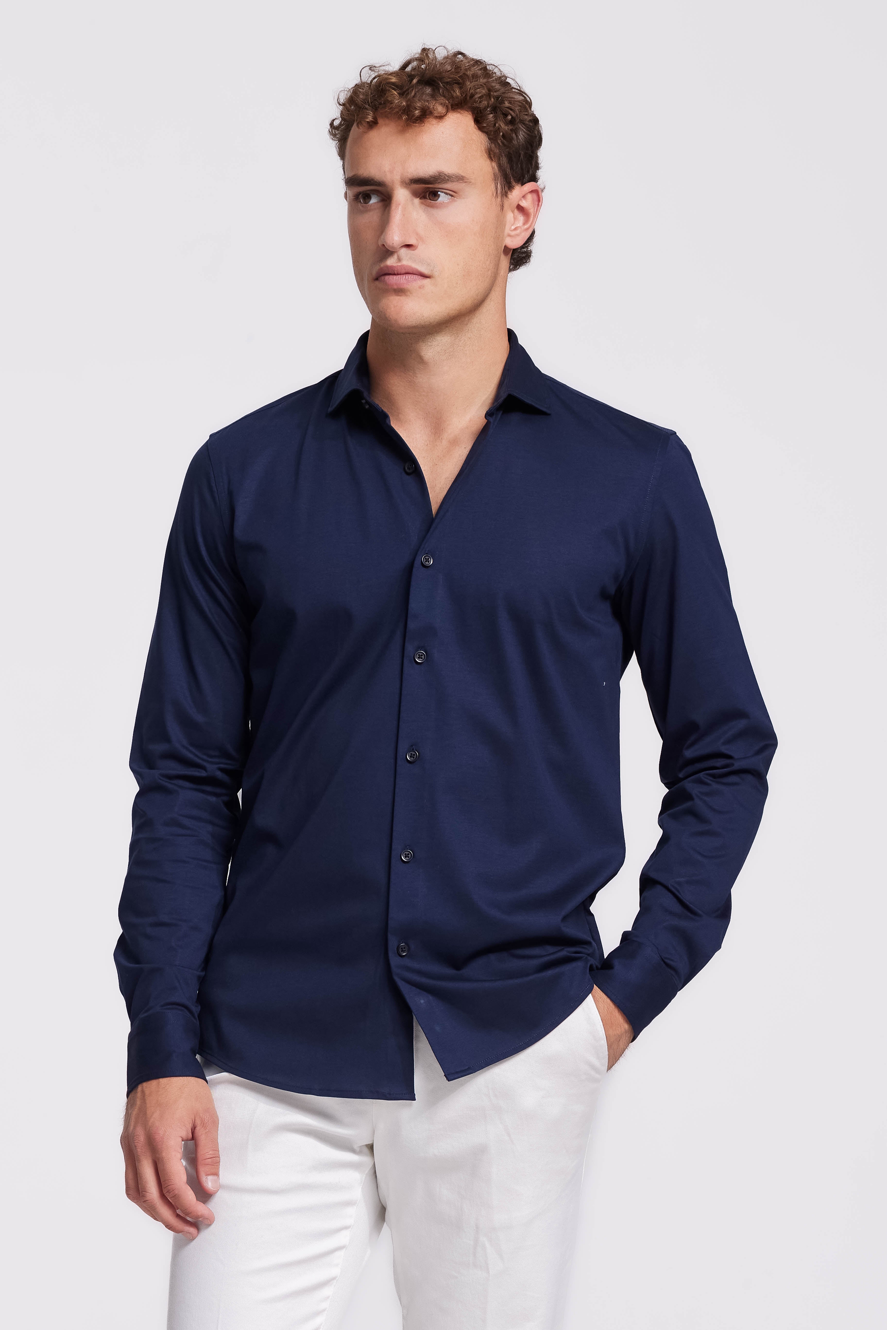 Sträcka donkerblauw stretch overhemd