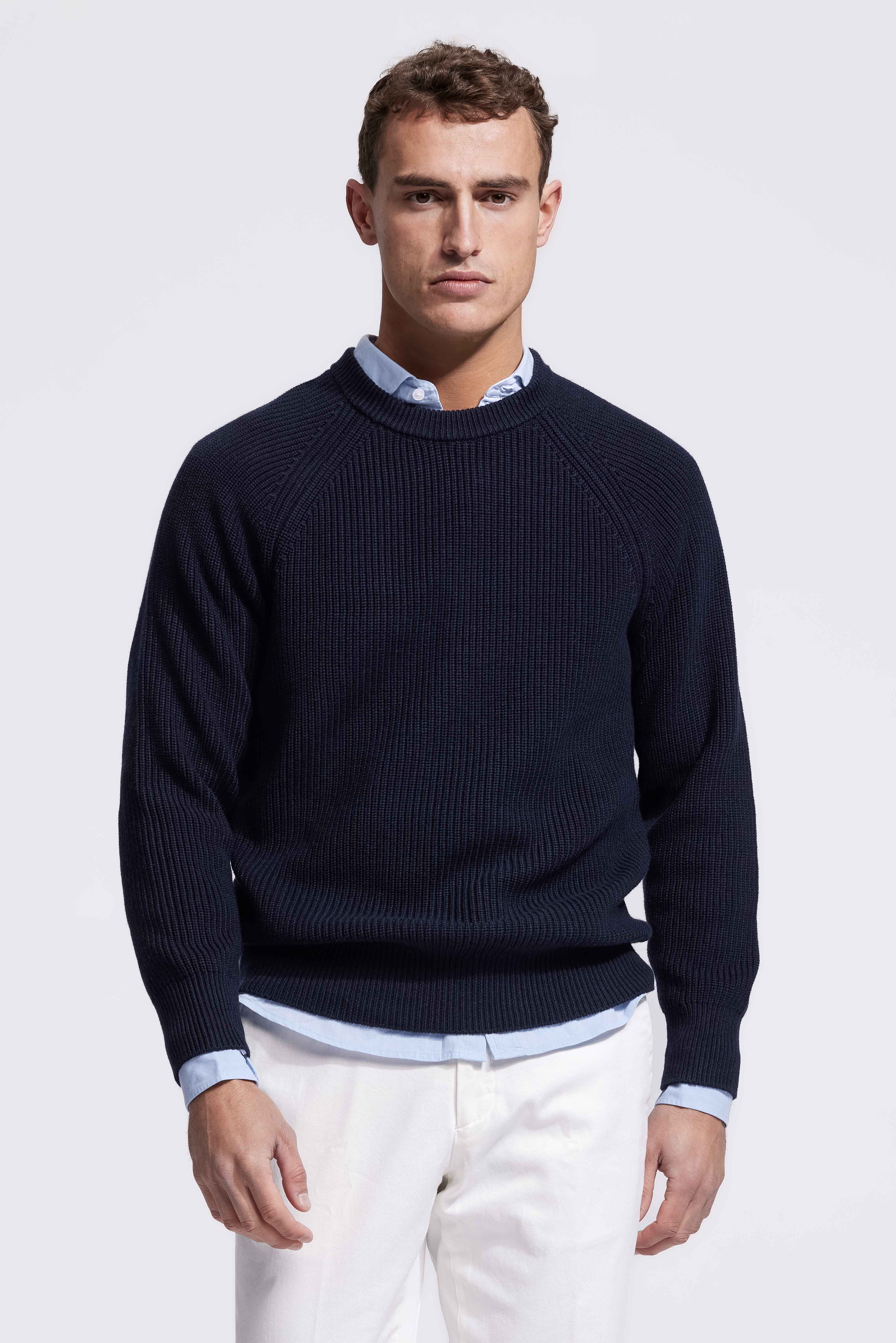 Donkerblauwe rib trui met ronde hals